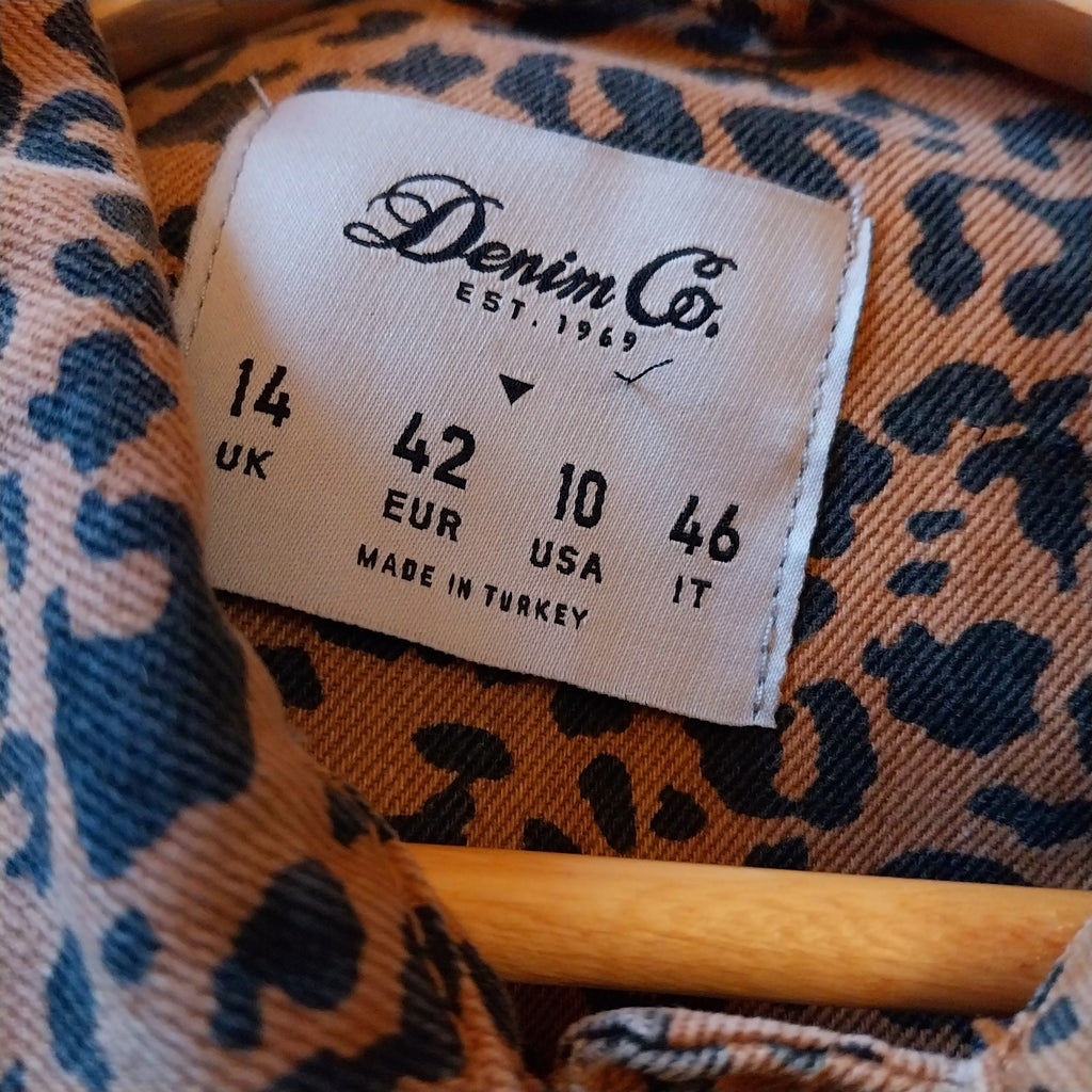 ACDC Denim  jacket Tan Black Leopard Print  Size 14 Festival Metalhead Reworked