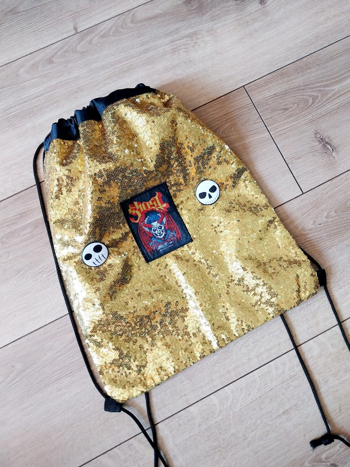 Gold Sequin Festival Back Pack With Ghost Patch Skull Badges