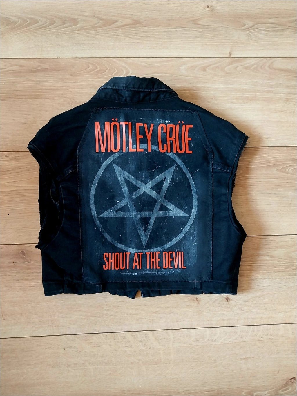 Reworked Black denim Short Waistcoat  with Motley Crue  on back Size Small