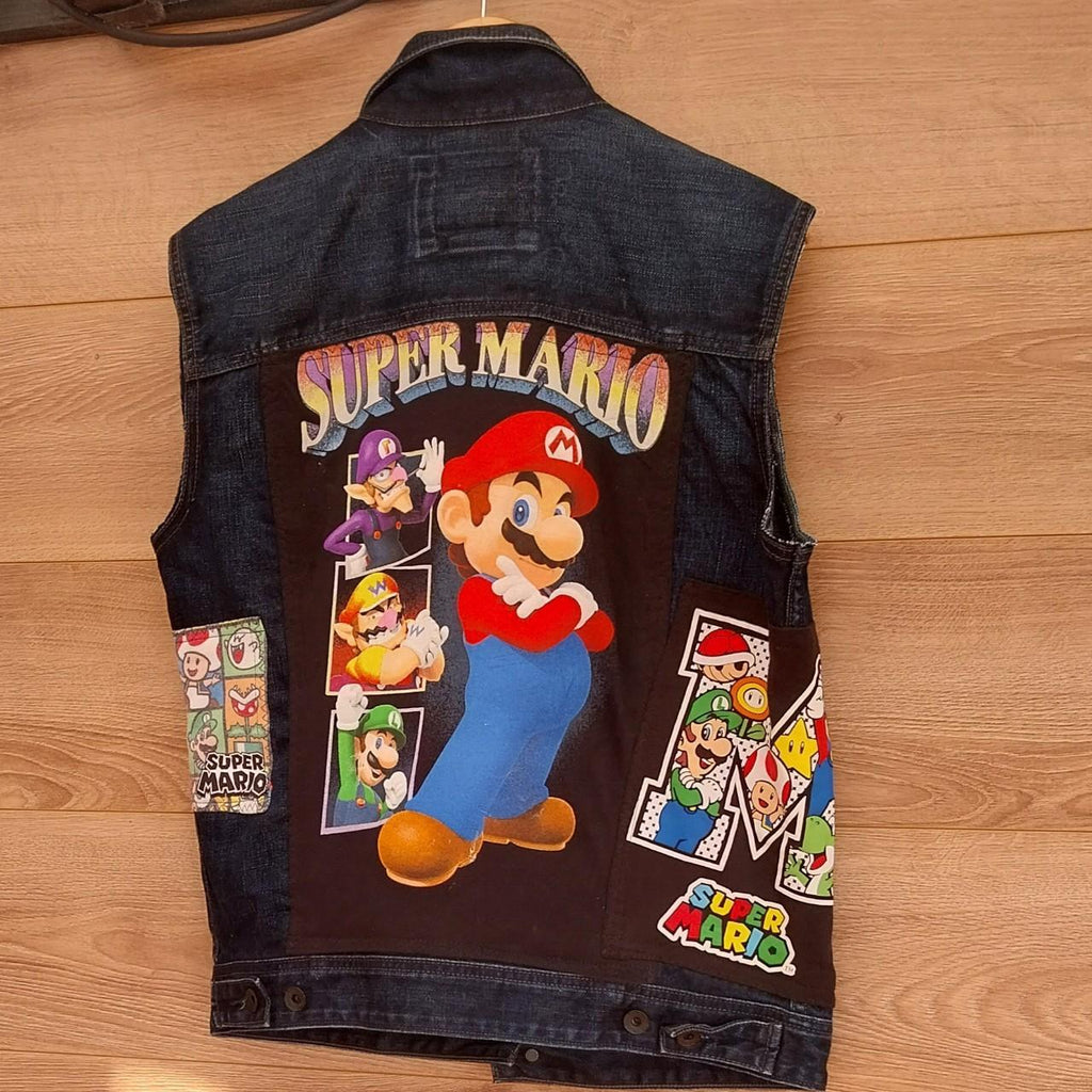 Blue denim reworked Super Mario battle jacket Size Med