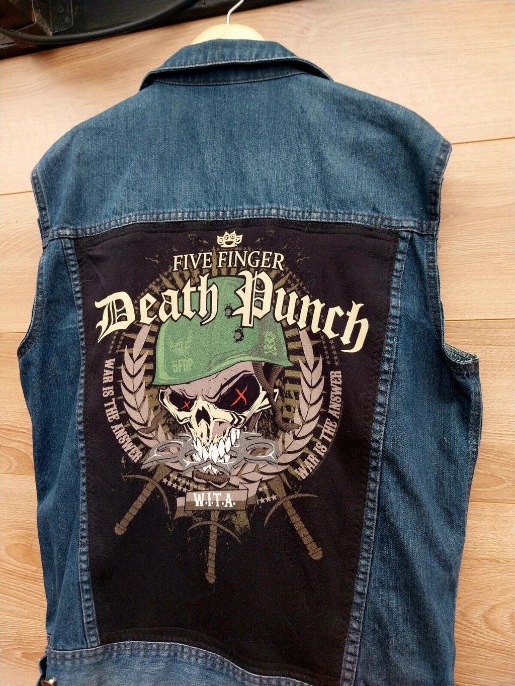 Reworked blue denim Waistcoat with Five Finger Death Punch  on back Size Large