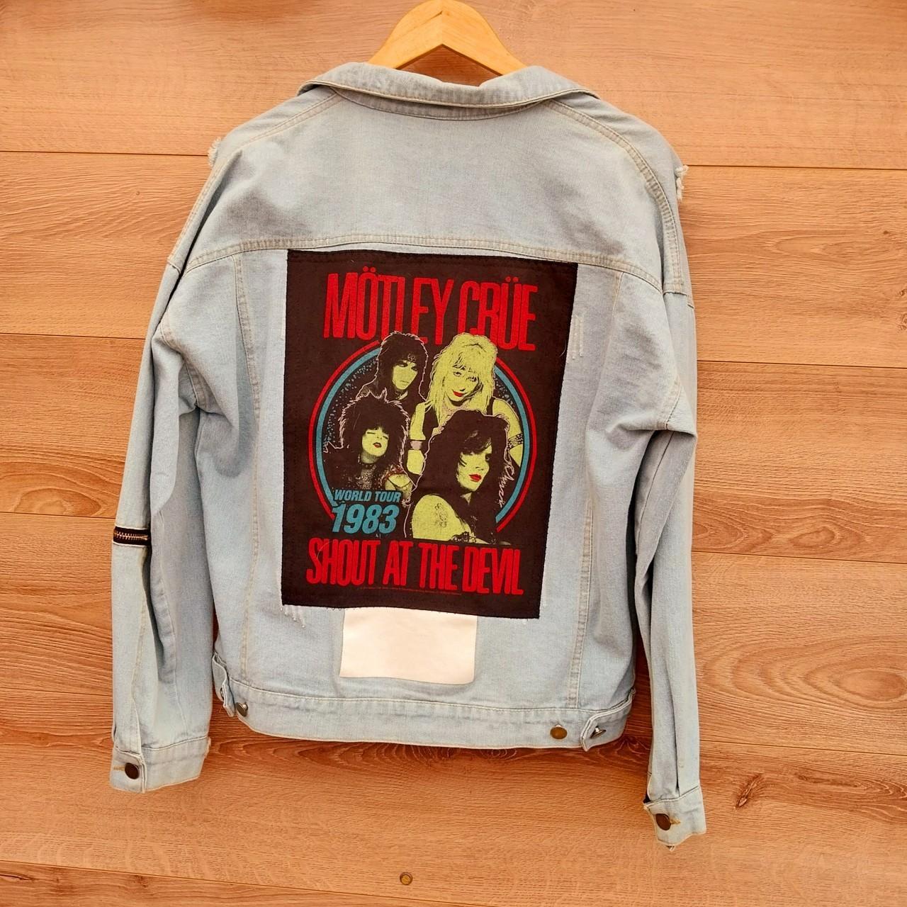 Reworked denim frayed jacket with Zips Motley Crue on back Size Large