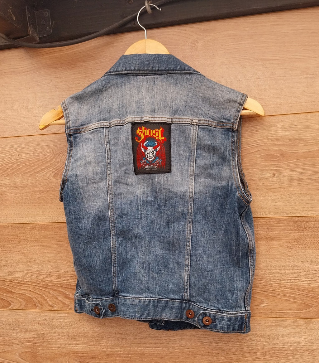 Reworked denim Waistcoat With Ghost Patch On Back Size 8 Festival