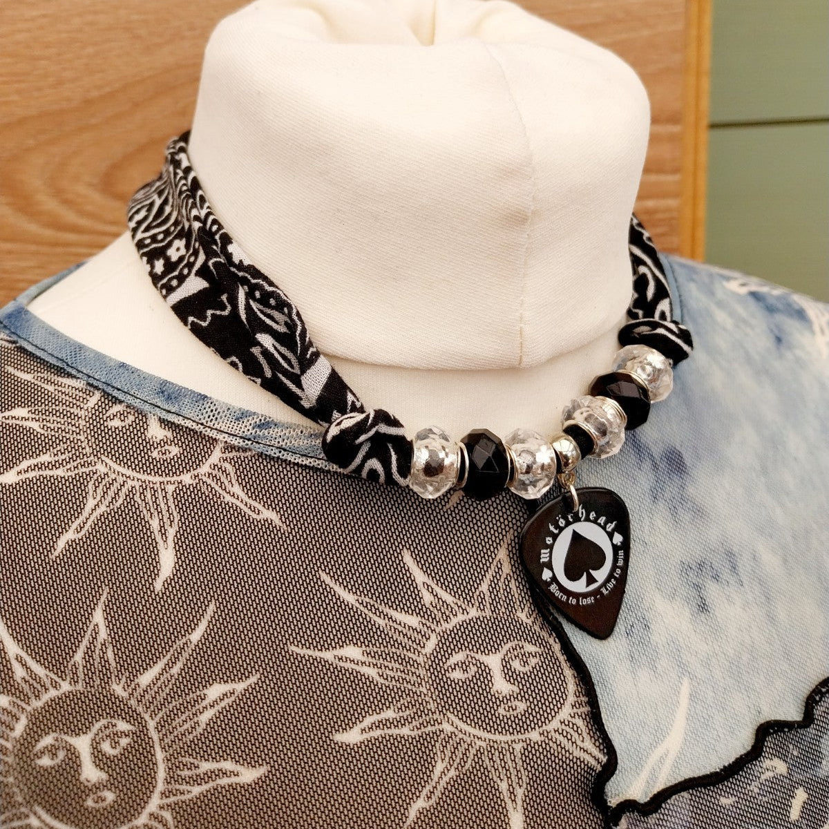 Handmade Motorhead Plectrum Bandana  Choker Necklace Black White