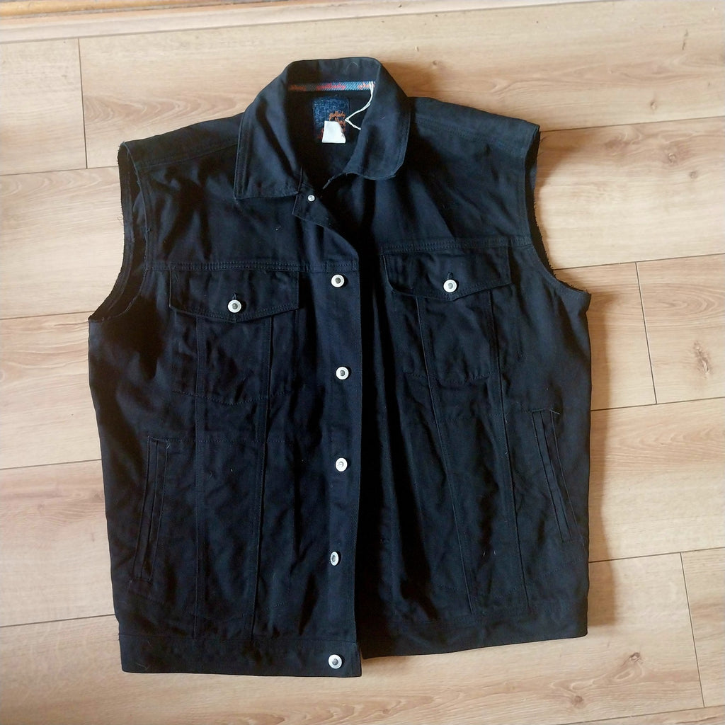 Reworked black denim jacket with Gothic Demon  Pixie on back Size XL