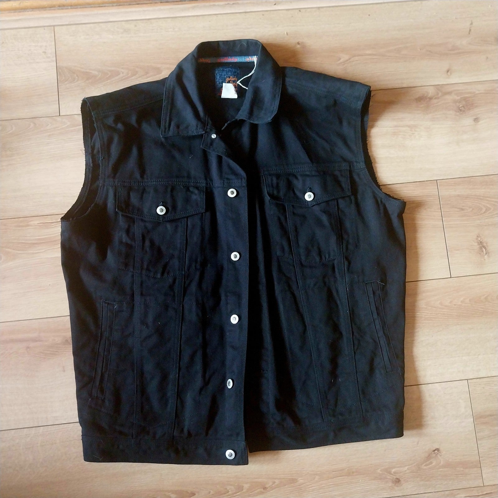 Reworked black denim jacket with Gothic Demon  Pixie on back Size XL