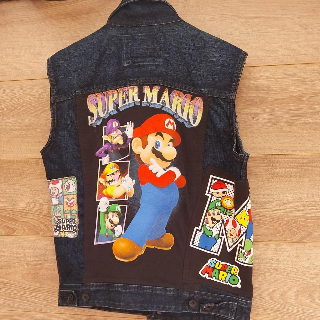 Blue denim reworked Super Mario battle jacket Size Med