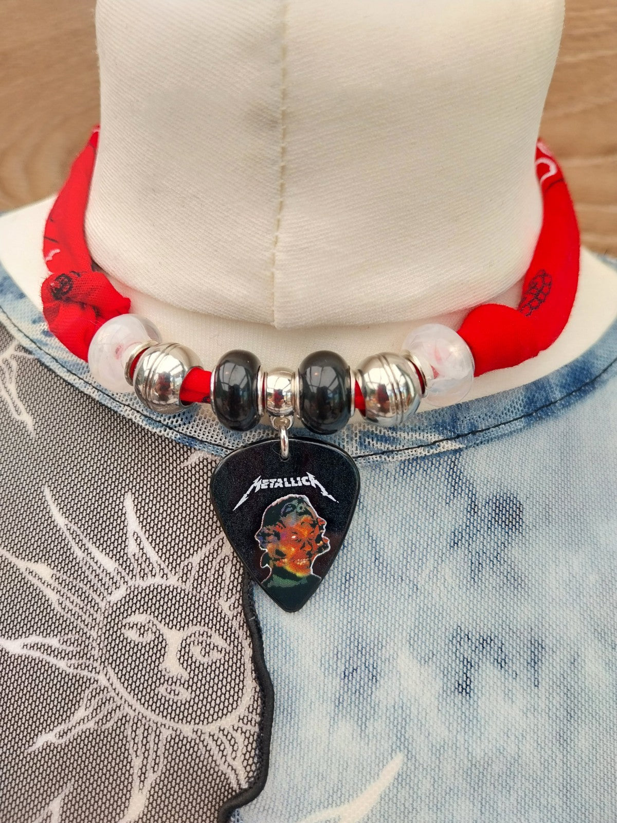 Handmade Metallica Plectrum Bandana  Choker Necklace Red