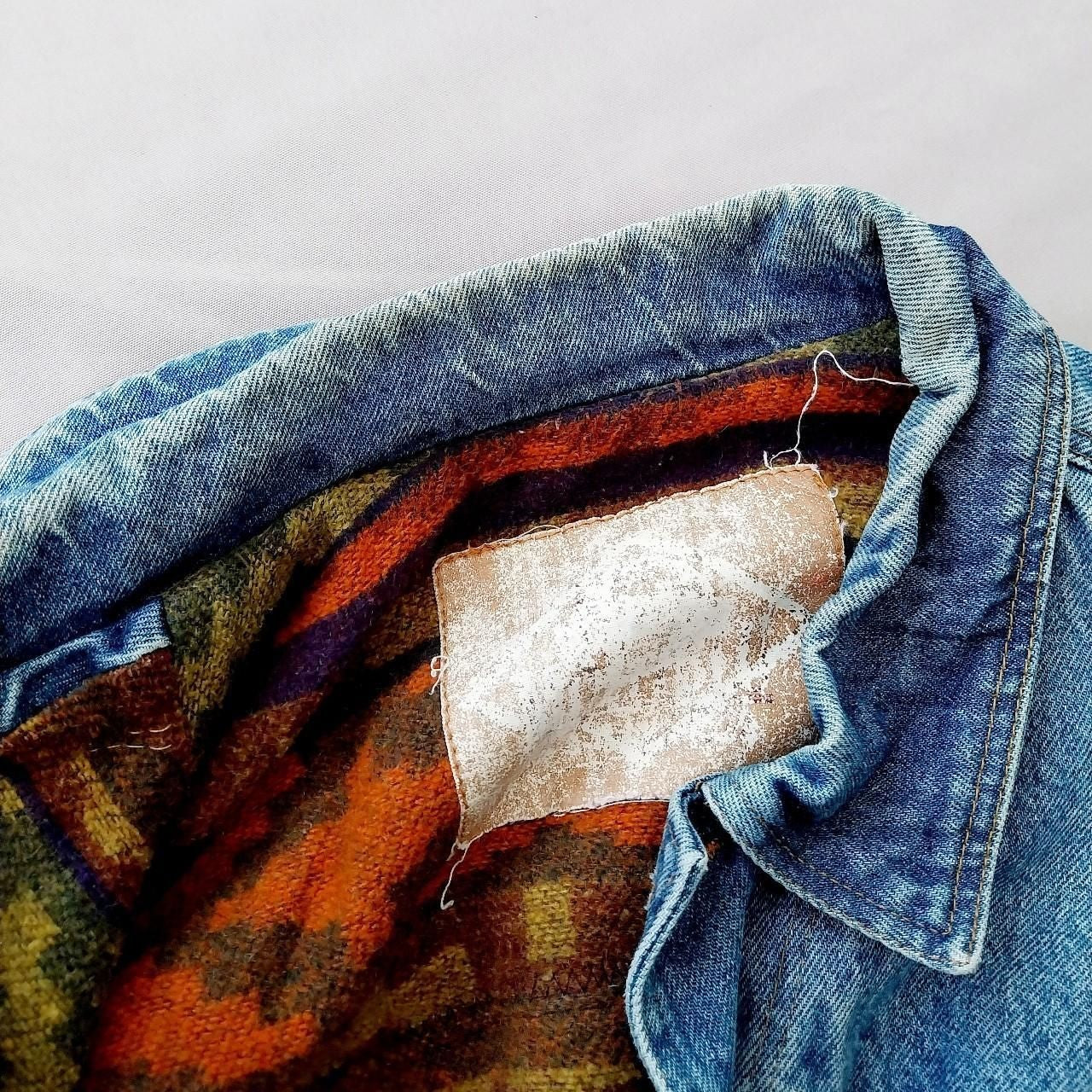 Reworked vintage denim jacket with festival Raver on Back fleece lined Size XXL