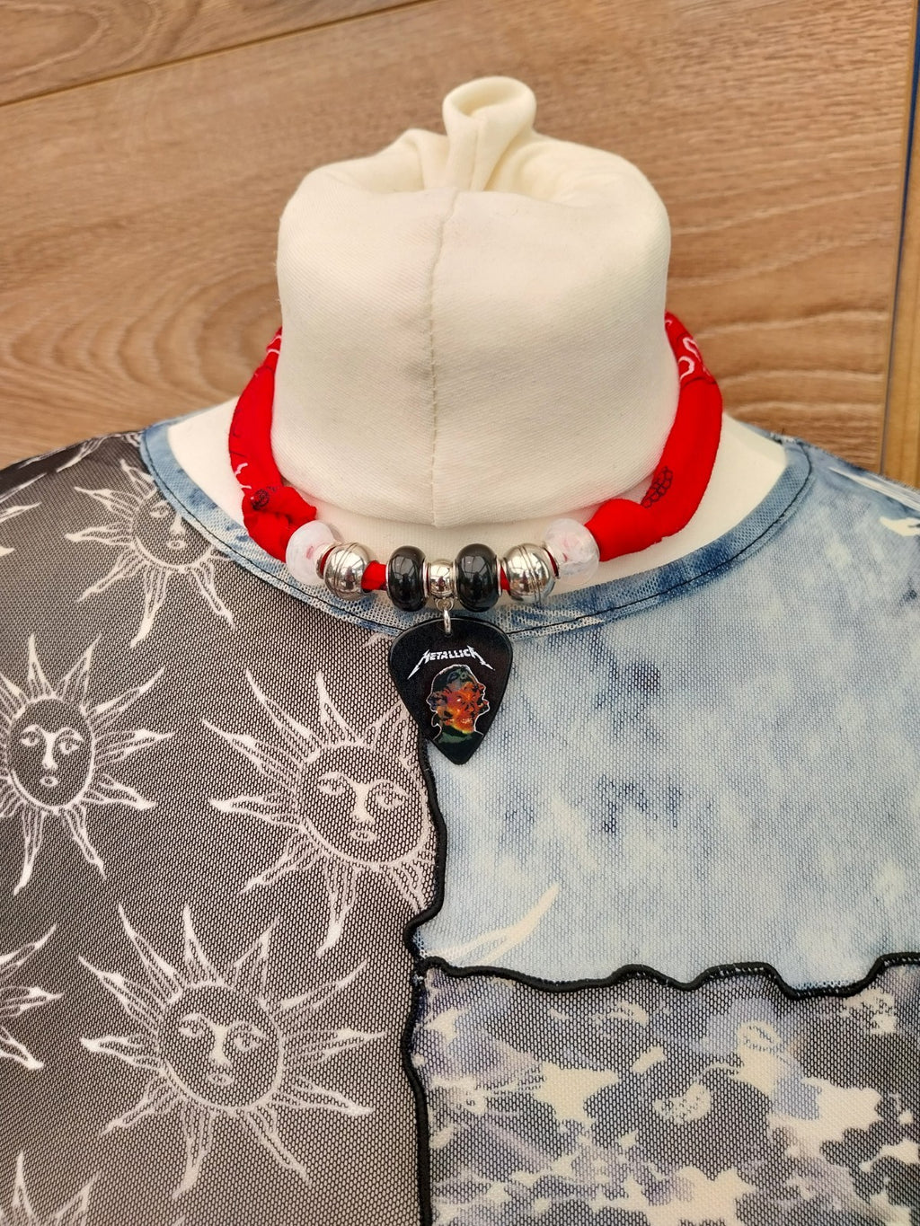 Handmade Metallica Plectrum Bandana  Choker Necklace Red