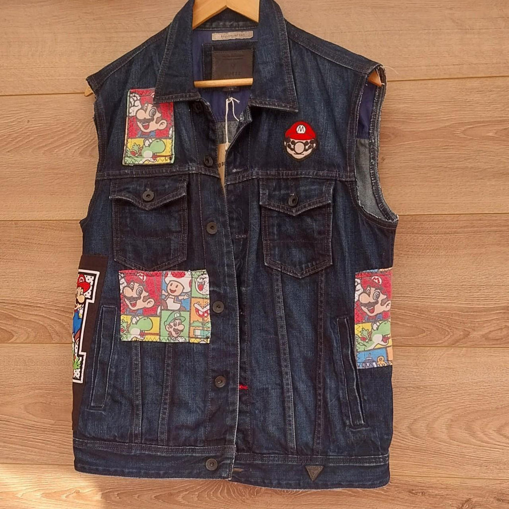 Blue denim reworked Super Mario battle jacket Size Med