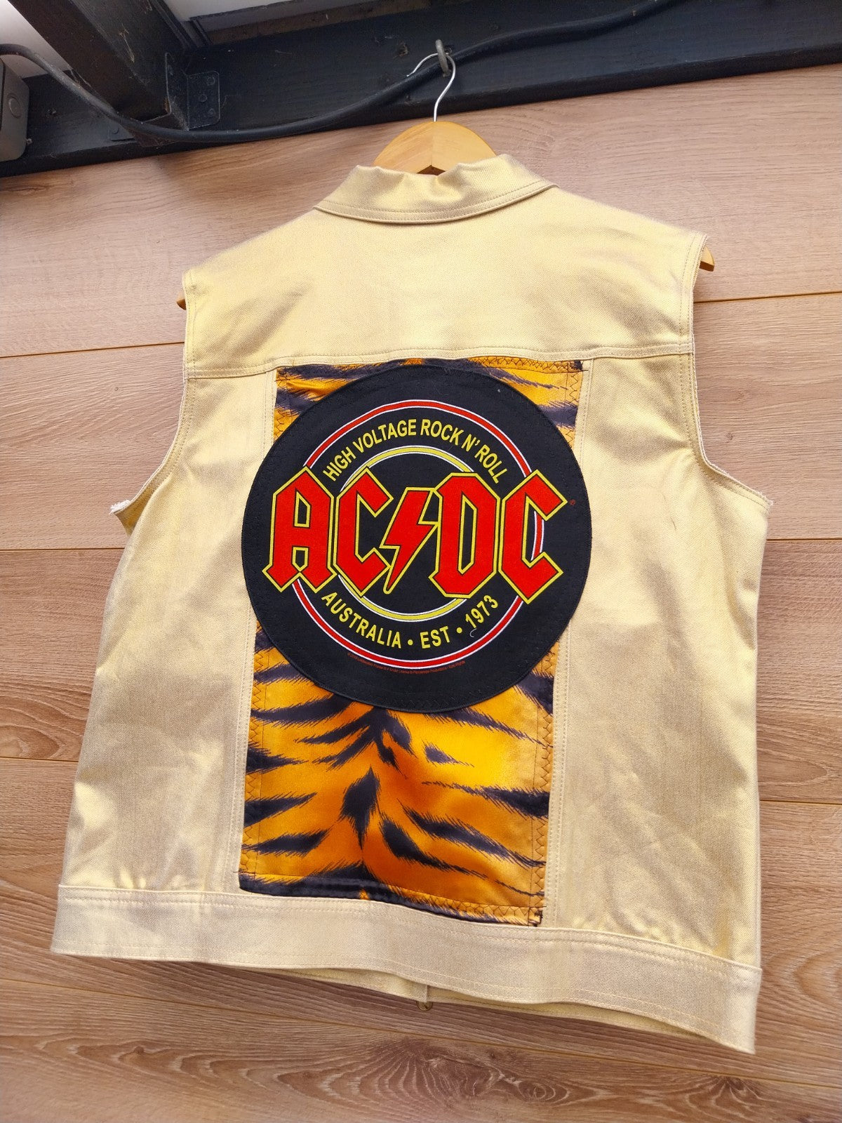 Reworked vintage Gold  waistcoat with ACDC  Theme  Size Medium Festival