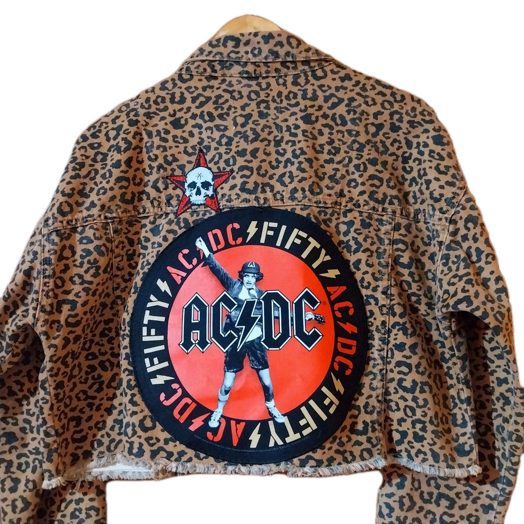 ACDC Denim  jacket Tan Black Leopard Print  Size 14 Festival Metalhead Reworked