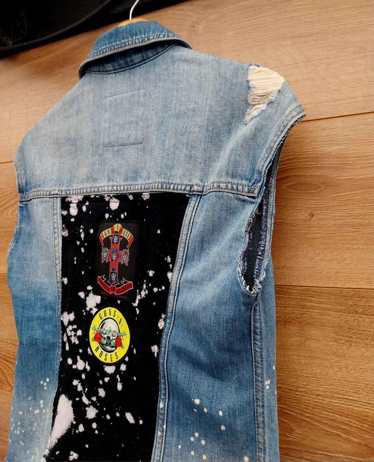 Reworked denim Waistcoat with Guns n Roses theme Size XSmall Festival