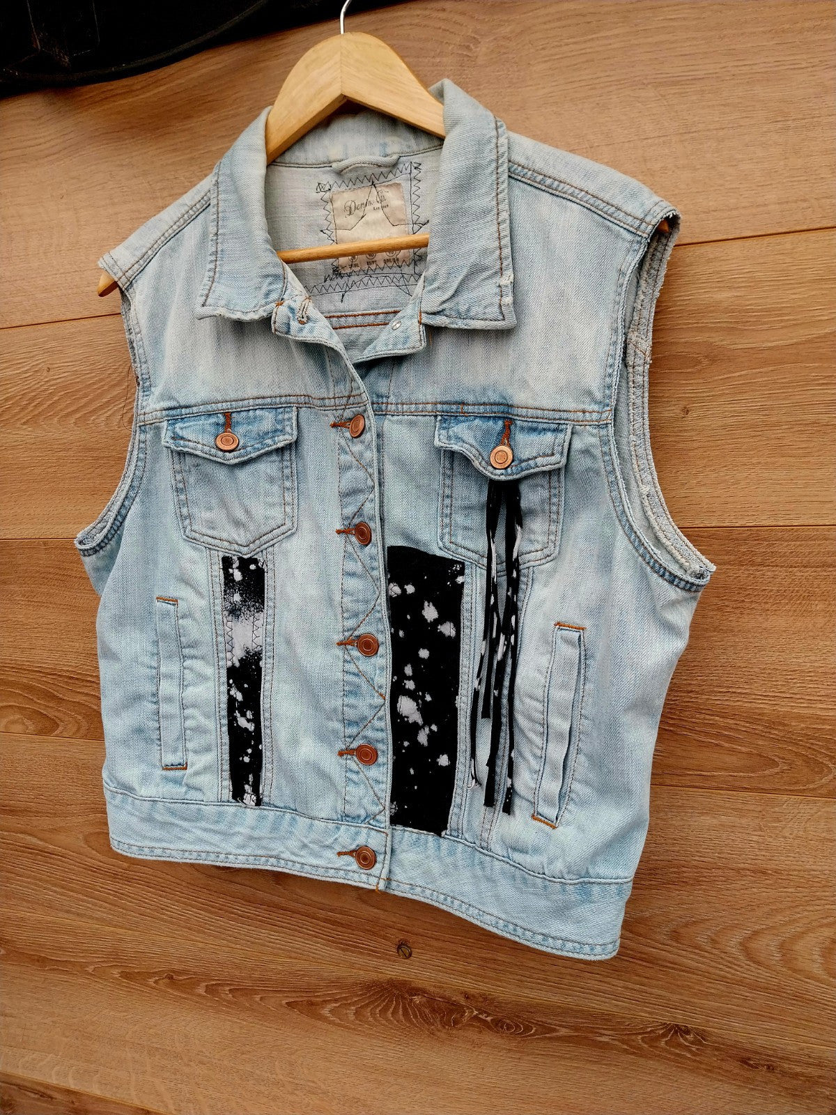 Reworked denim Waistcoat with Guns n Roses theme Size 20 Festival