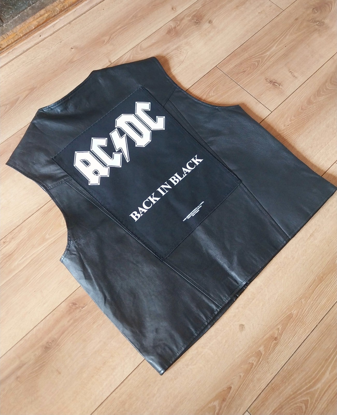 Vintage black leather waistcoat ACDC   on Back biker Size Large FESTIVAL