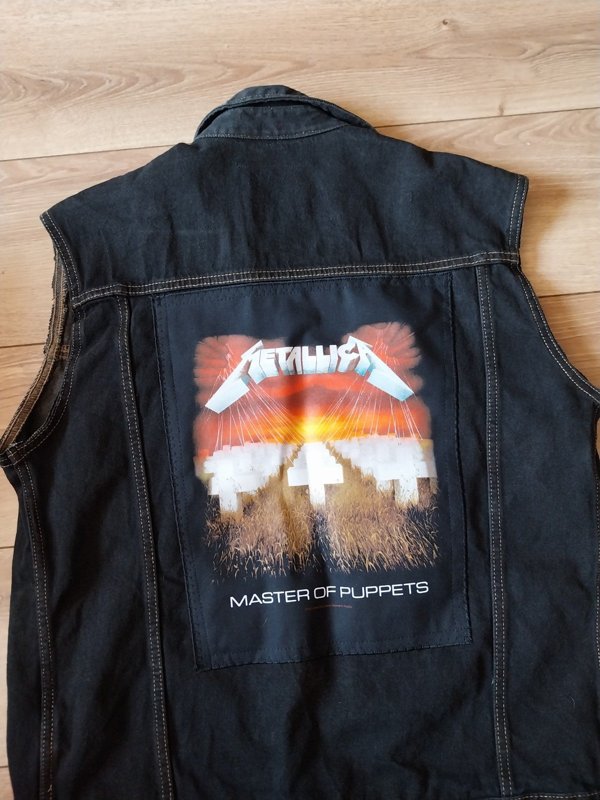 Reworked vintage denim waistcoat with Metallica on back Size LARGE