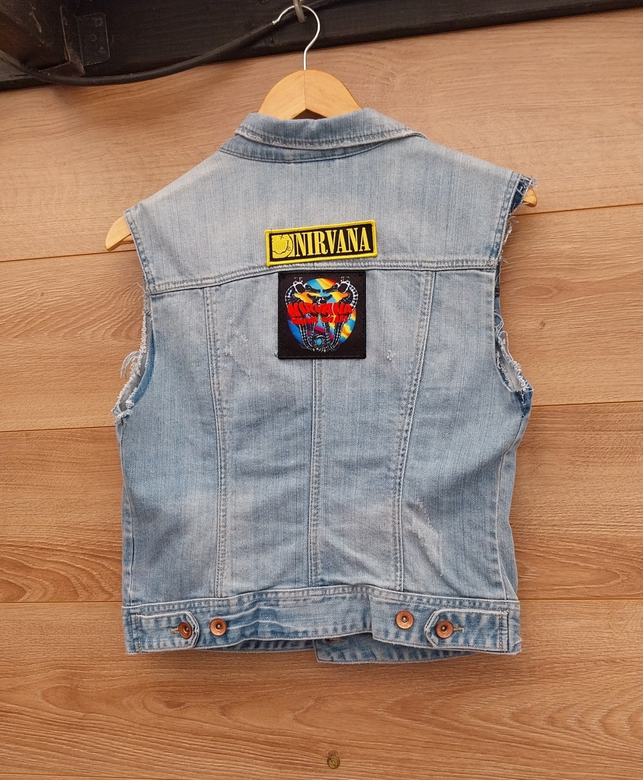 Reworked Frayed denim Waistcoat With NIRVANA Patches  On Back Size 8 Festival