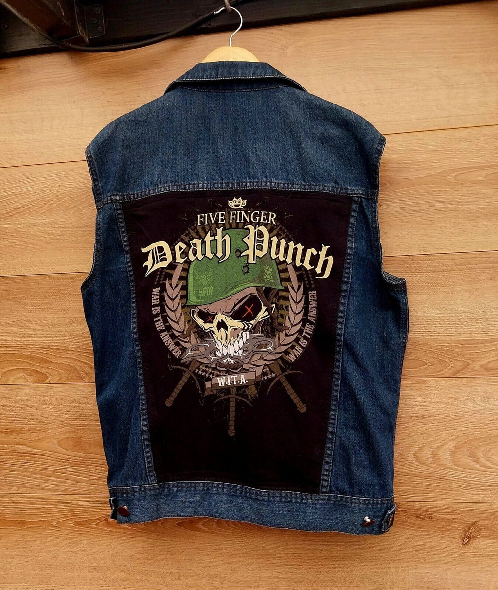Reworked blue denim Waistcoat with Five Finger Death Punch  on back Size Large