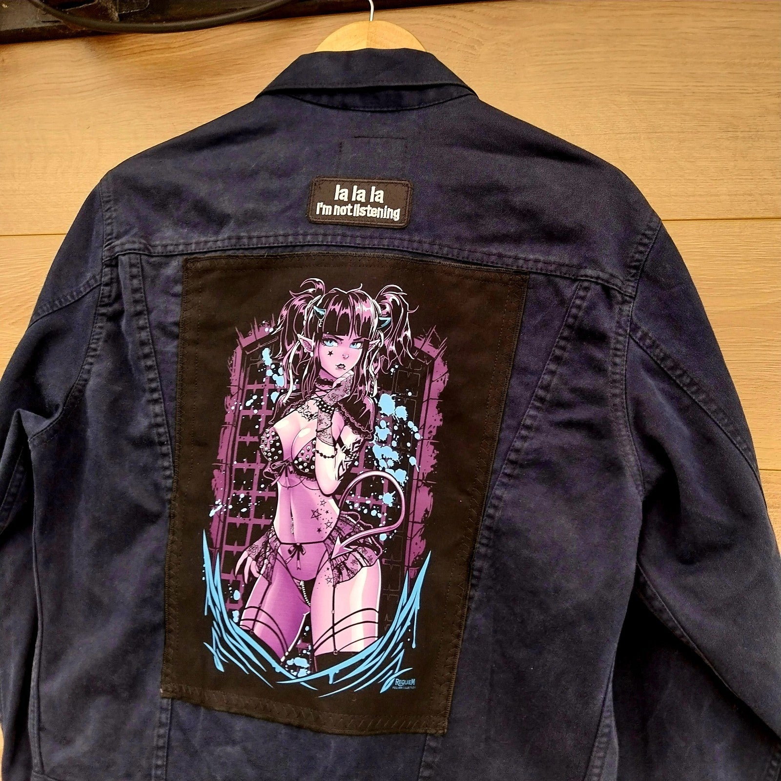 Reworked blue denim jacket with Gothic Demon Pixie on back Size Medium