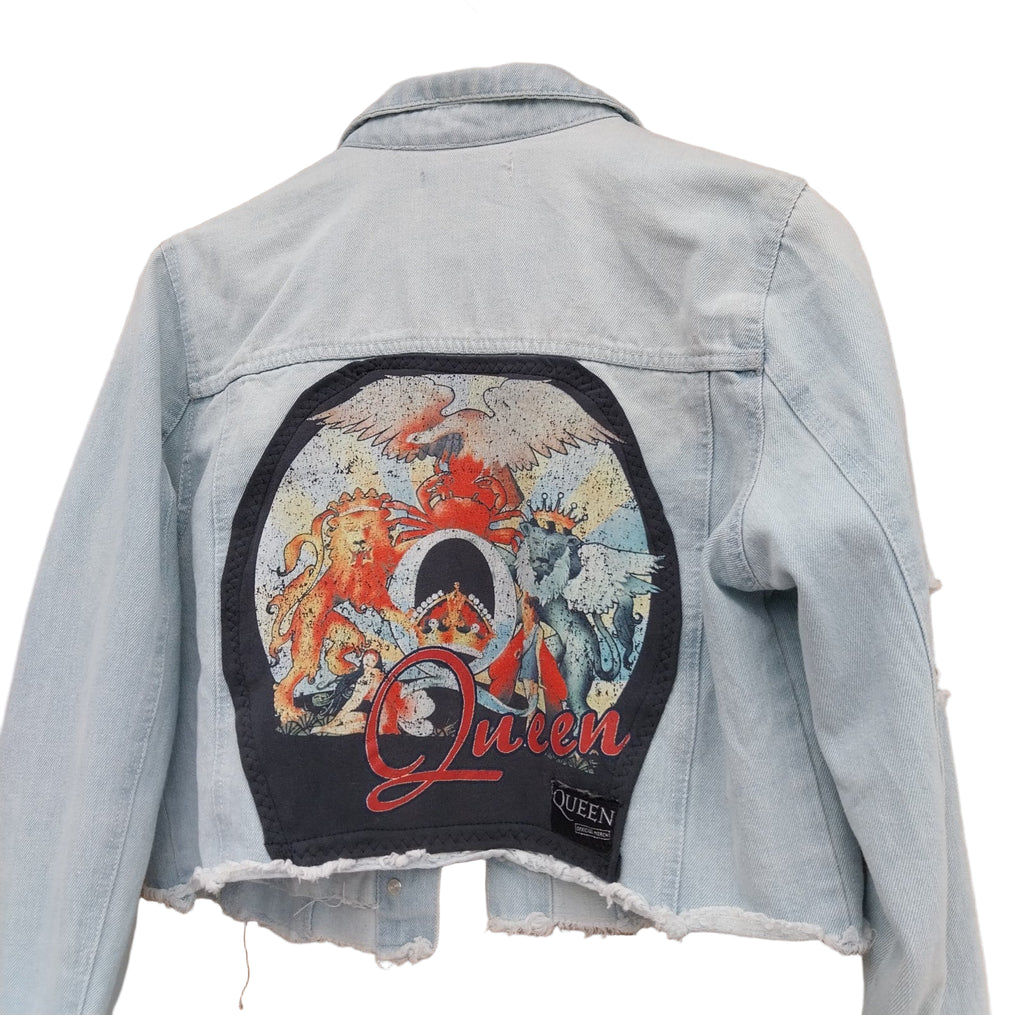 Queen Reworked Light Blue Frayed denim Short  Jacket  Size Large