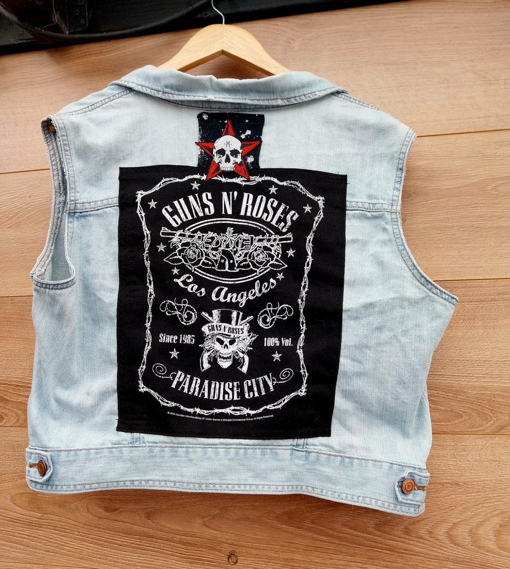 Reworked denim Waistcoat with Guns n Roses theme Size 20 Festival
