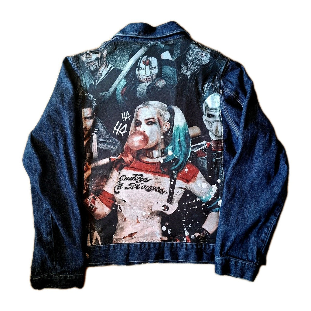 Reworked denim jacket with Harley Quinn on back Size 18 Festival