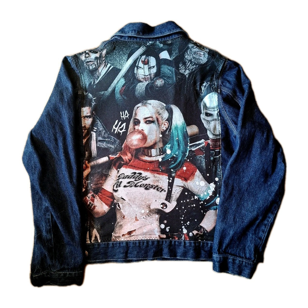 Reworked denim jacket with Harley Quinn on back Size 18 Festival