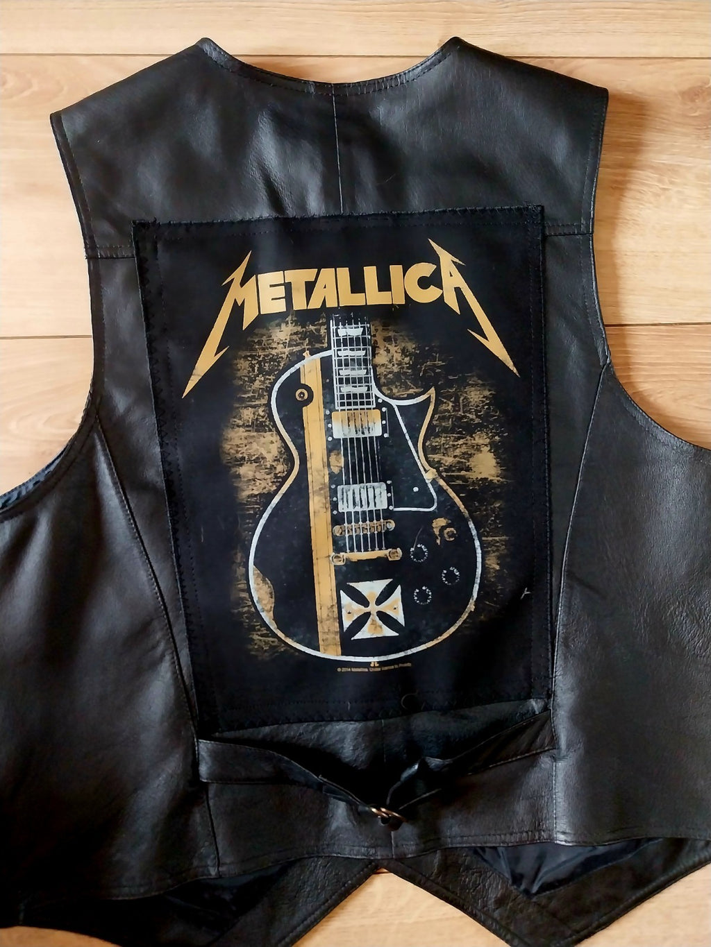 Vintage black leather waistcoat Metallica on Back biker Size Large FESTIVAL