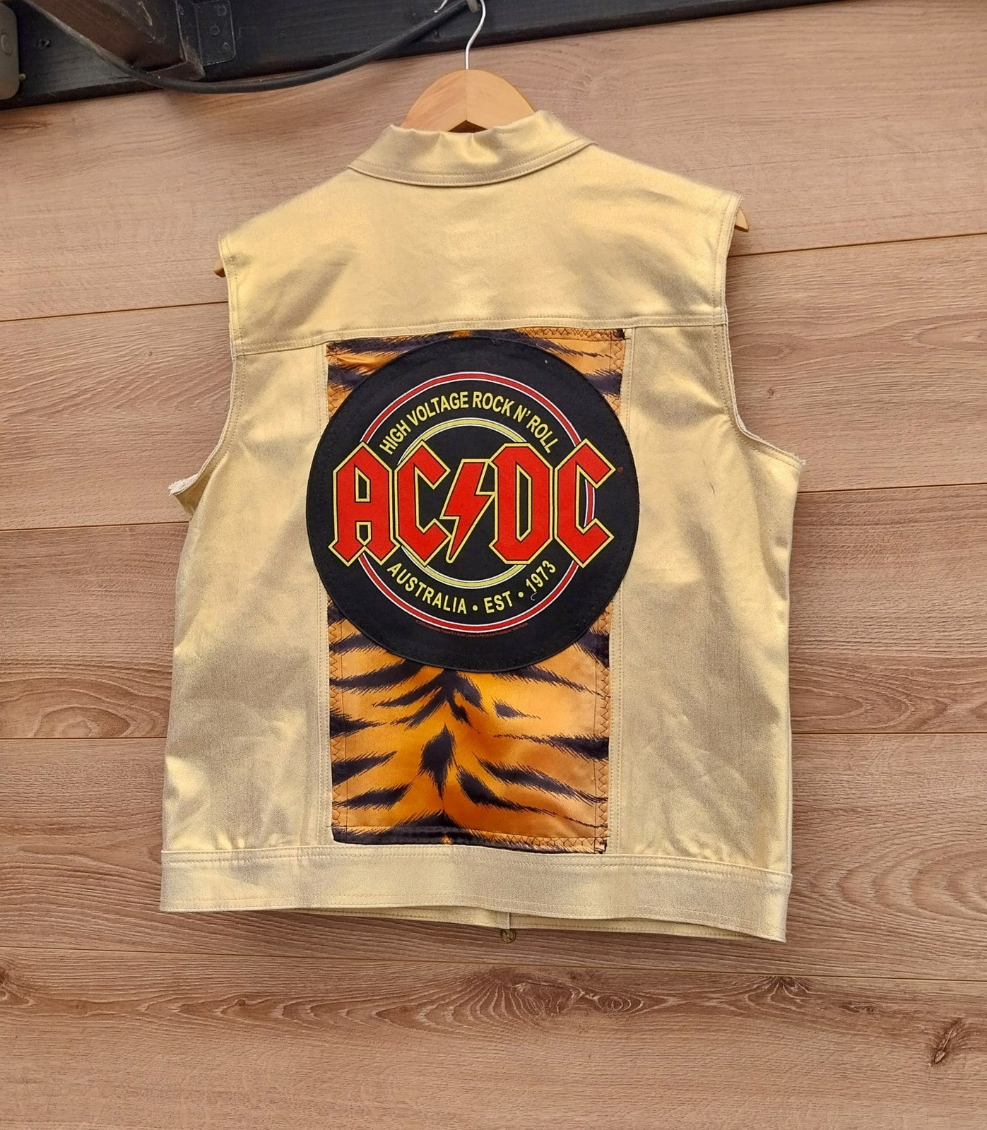Reworked vintage Gold  waistcoat with ACDC  Theme  Size Medium Festival