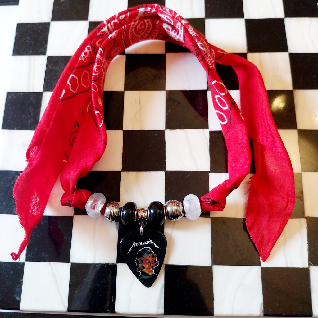 Handmade Metallica Plectrum Bandana  Choker Necklace Red