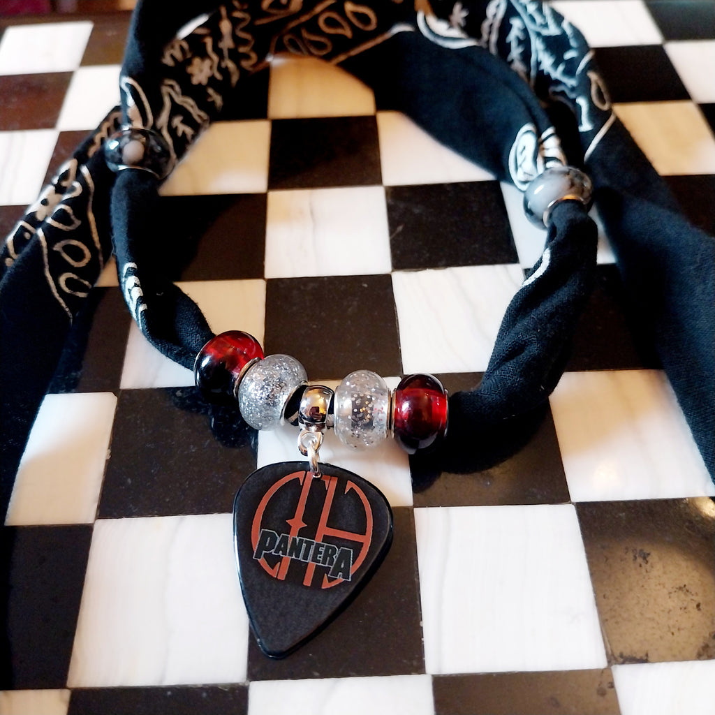 Handmade Pantera Plectrum Bandana  Choker Necklace Black White