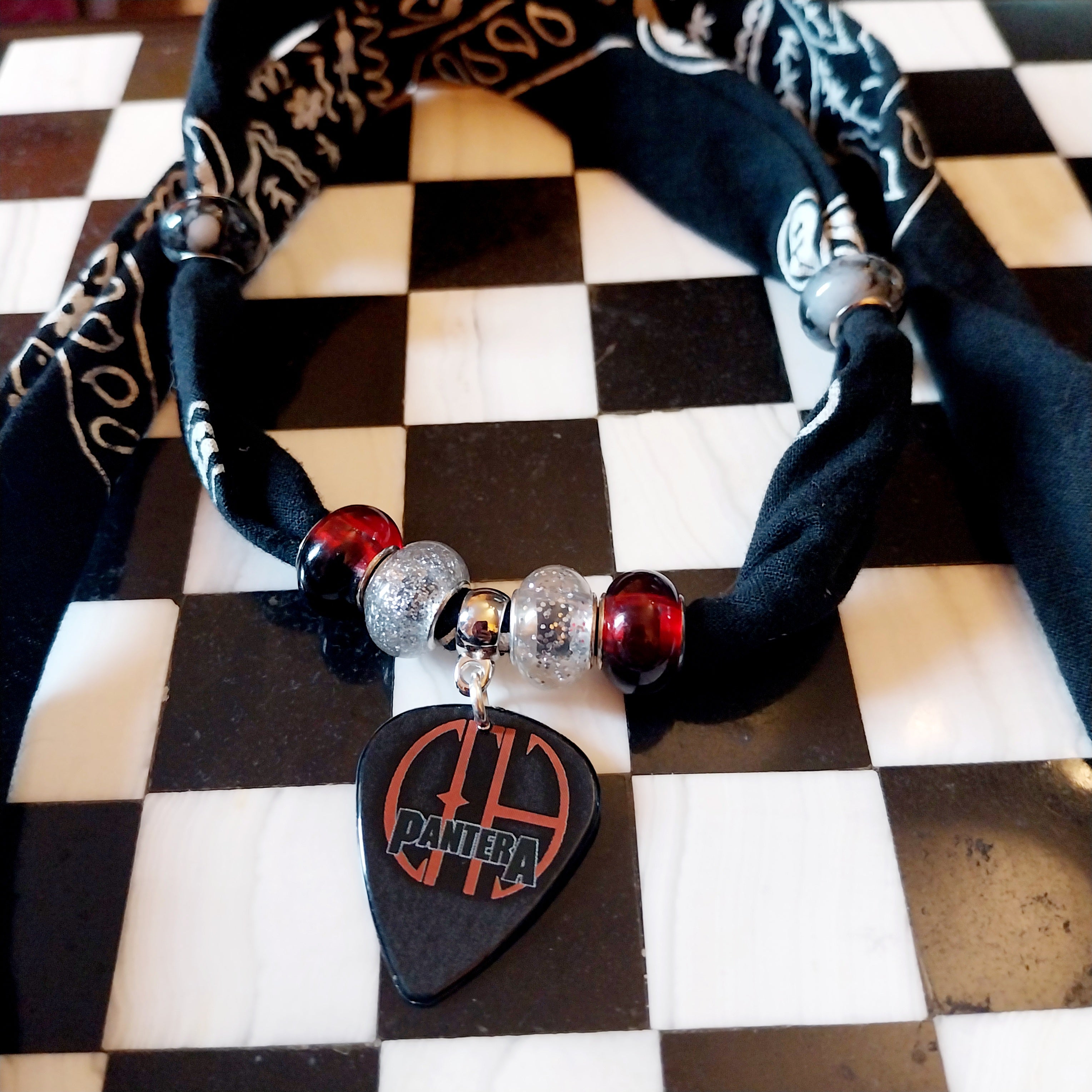 Handmade Pantera Plectrum Bandana  Choker Necklace Black White
