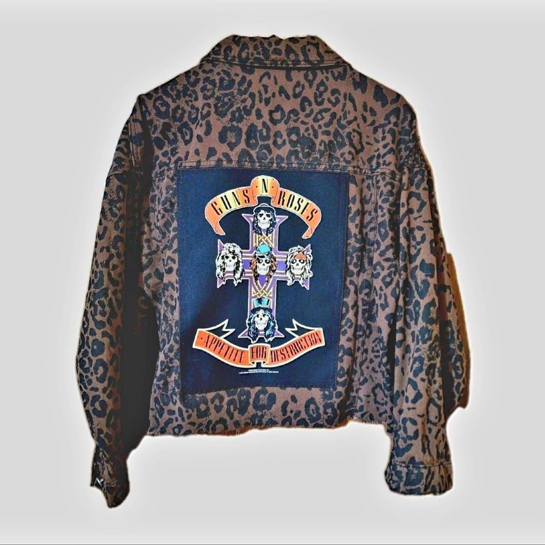 Guns N Roses frayed jacket Tan Black Leopard Print Frayed  Size 16 Festival Metalhead