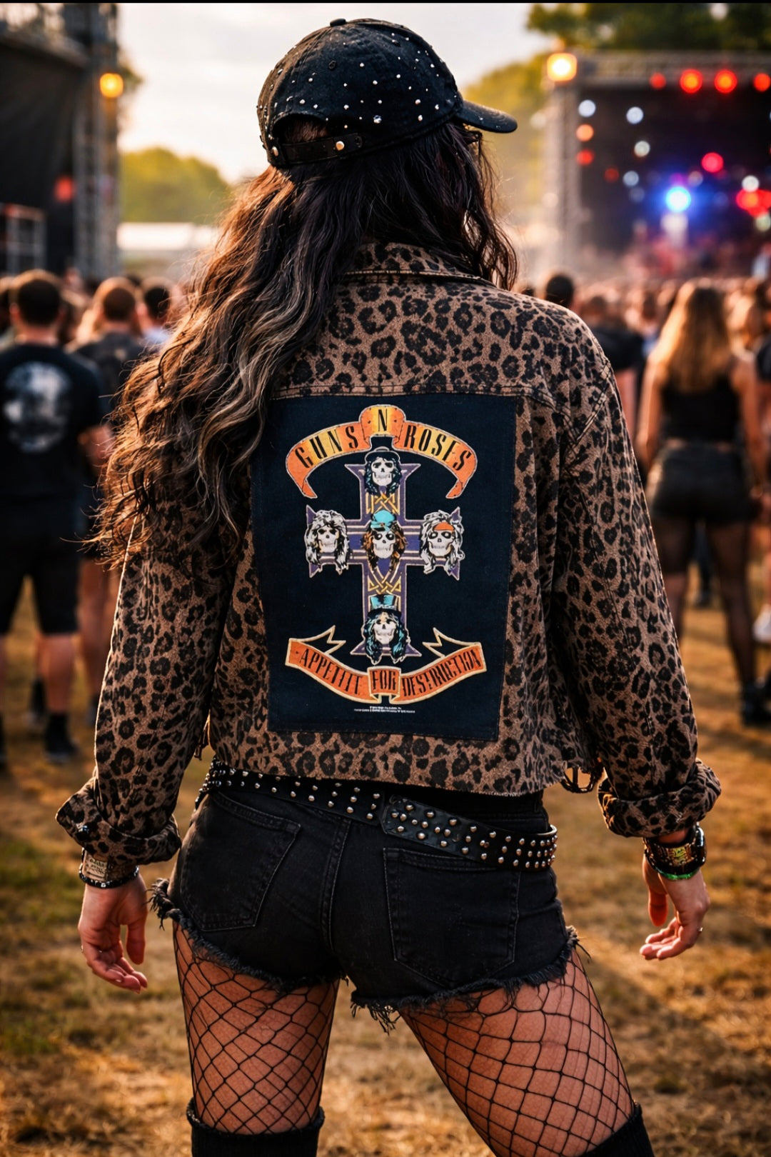Guns N Roses frayed jacket Tan Black Leopard Print Frayed  Size 16 Festival Metalhead