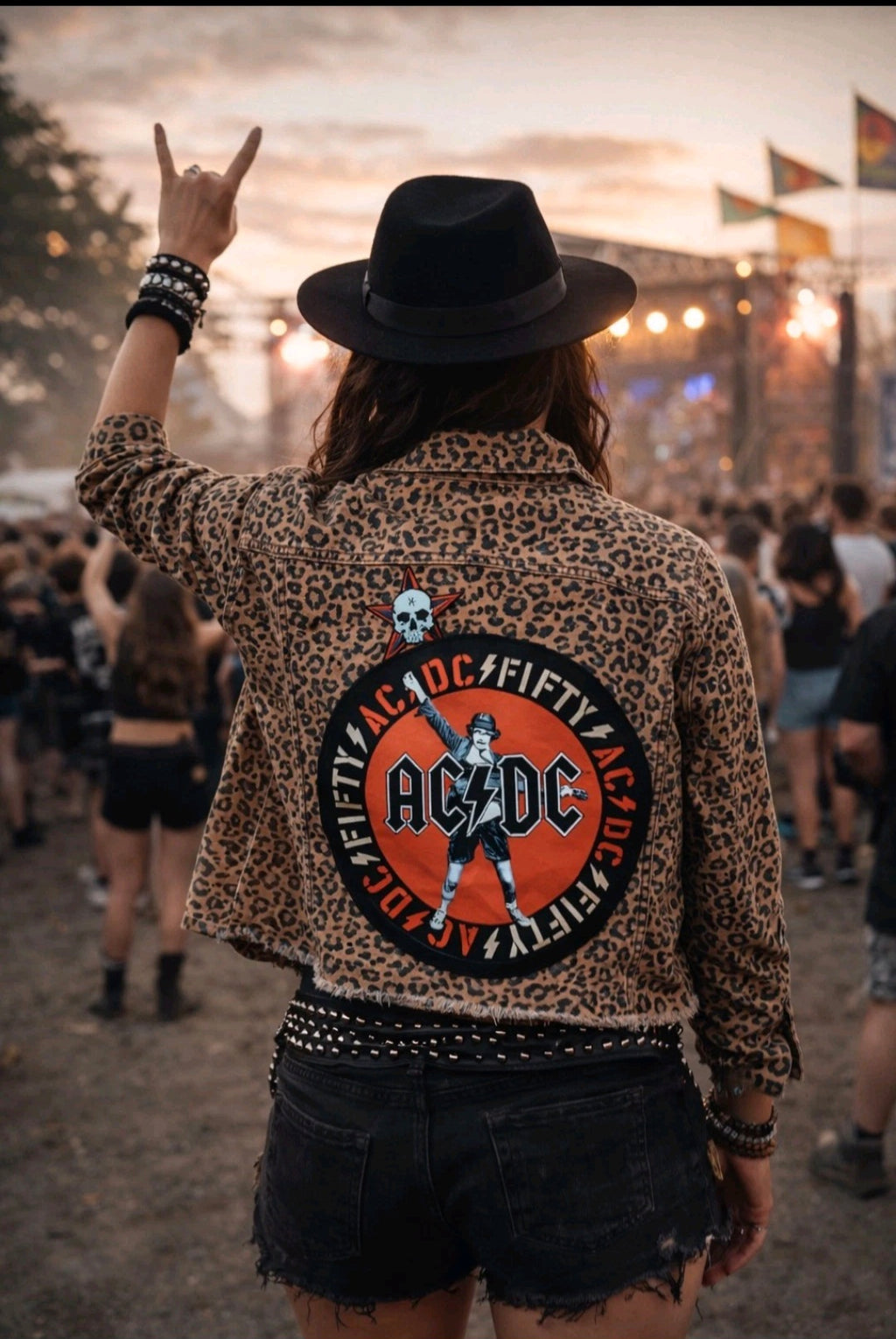 ACDC Denim  jacket Tan Black Leopard Print  Size 14 Festival Metalhead Reworked