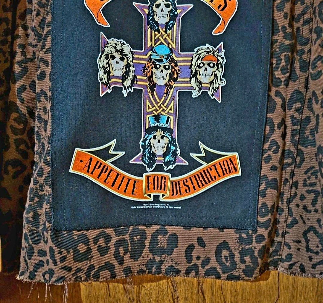 Guns N Roses frayed jacket Tan Black Leopard Print Frayed  Size 16 Festival Metalhead
