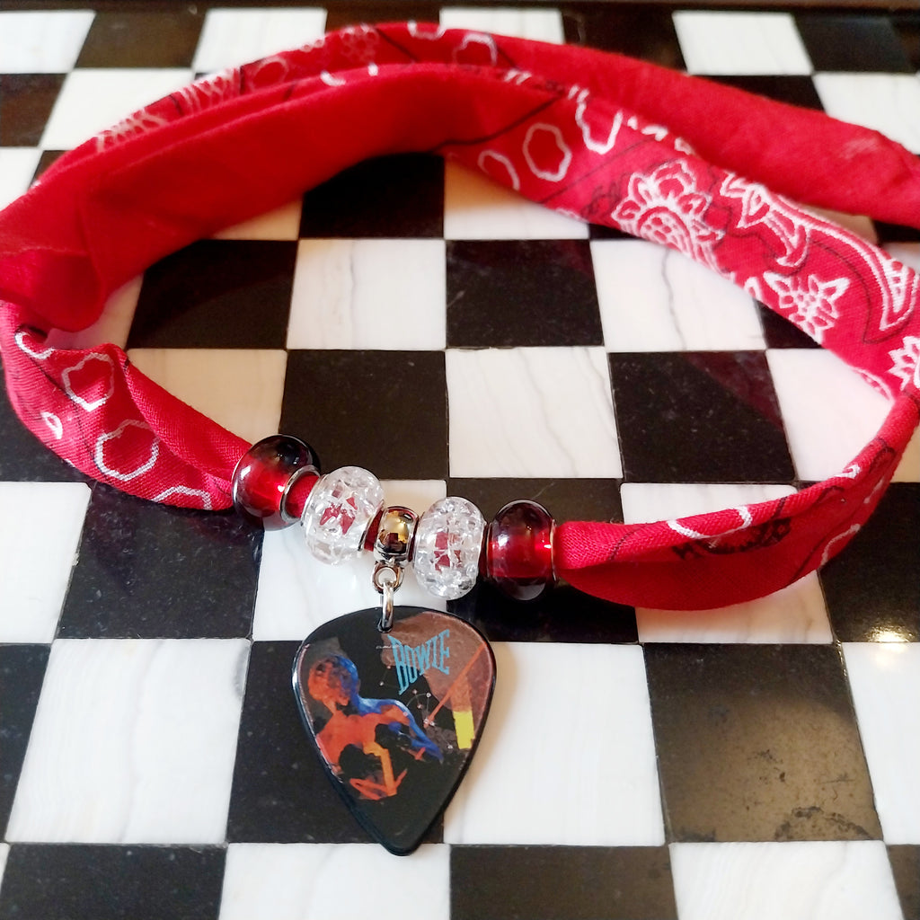 Handmade Bowie Plectrum Bandana  Choker Necklace Red