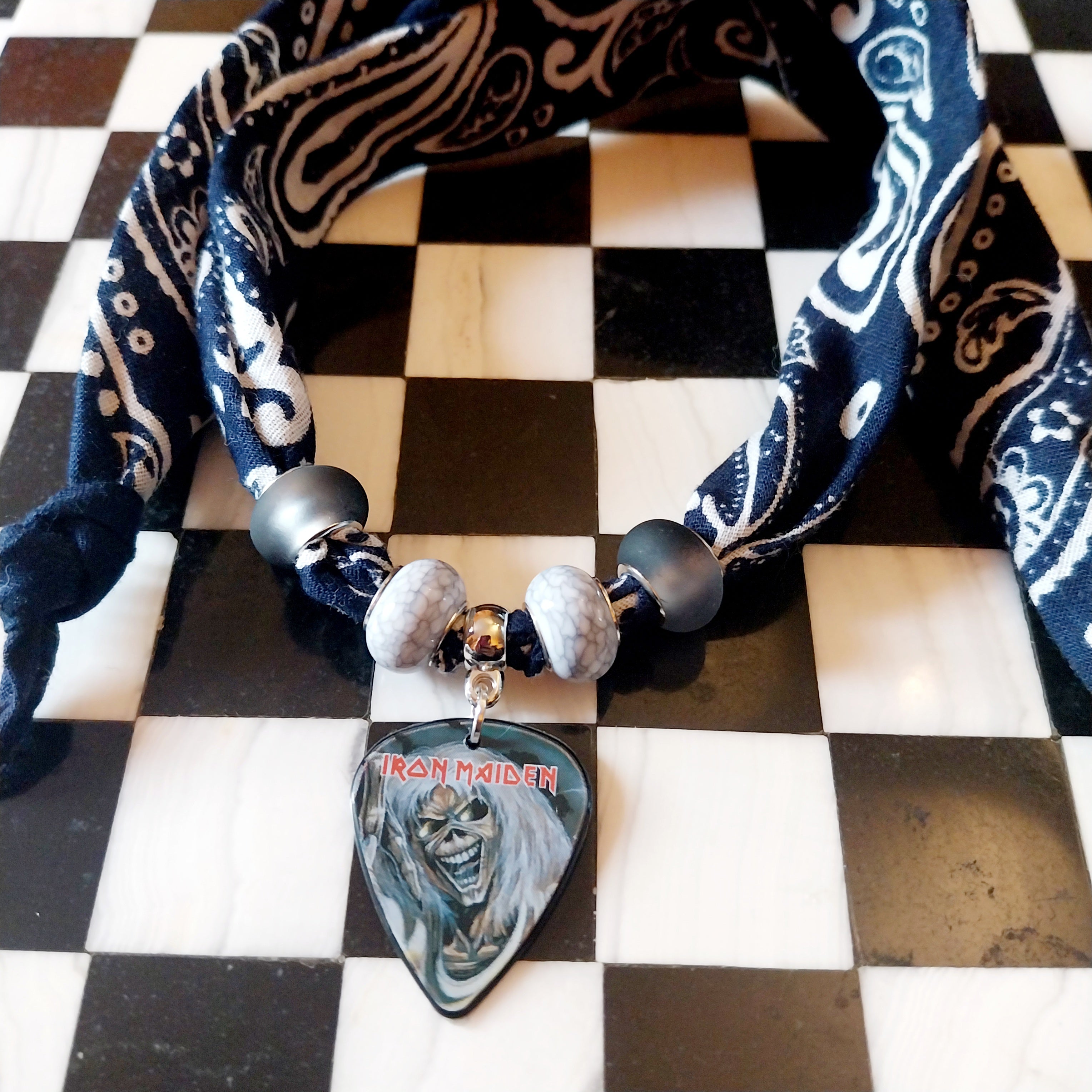 Handmade Iron Maiden Plectrum Bandana  Choker Necklace