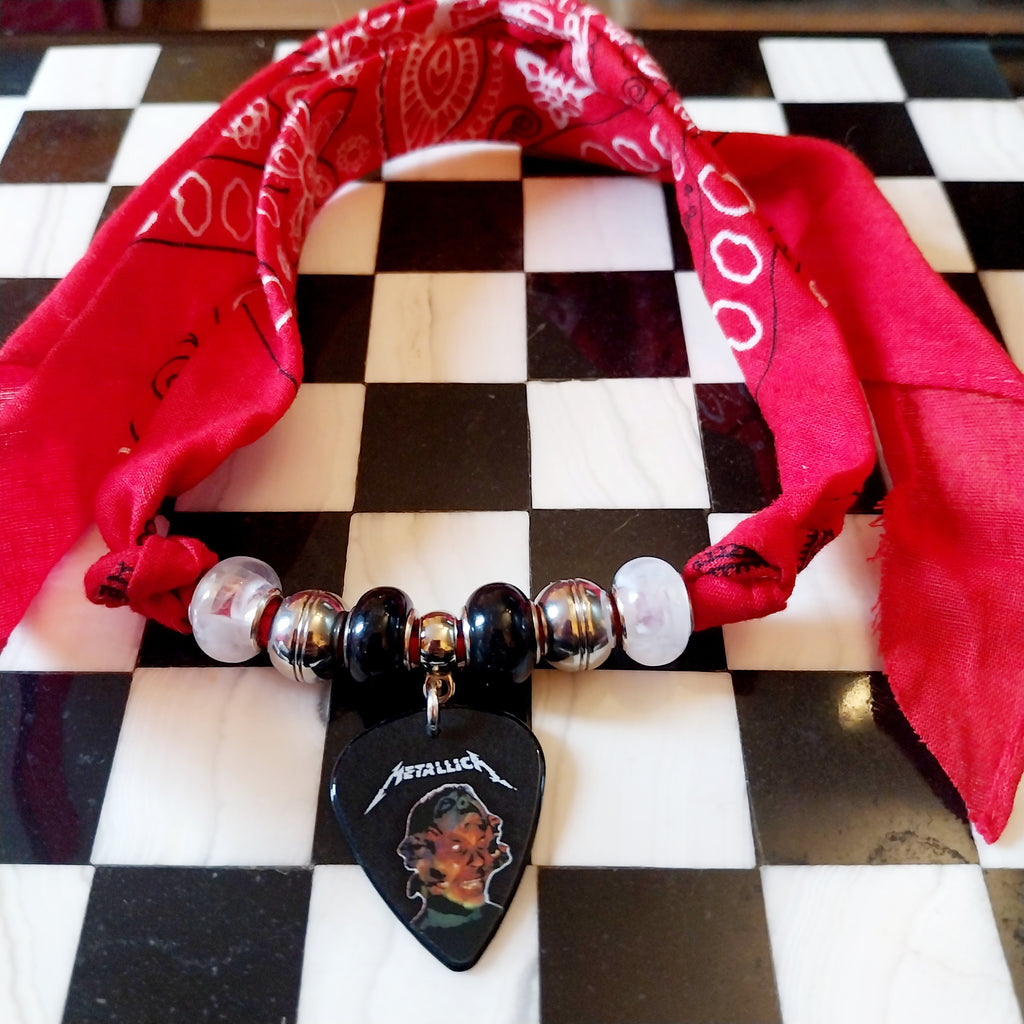 Handmade Metallica Plectrum Bandana  Choker Necklace Red