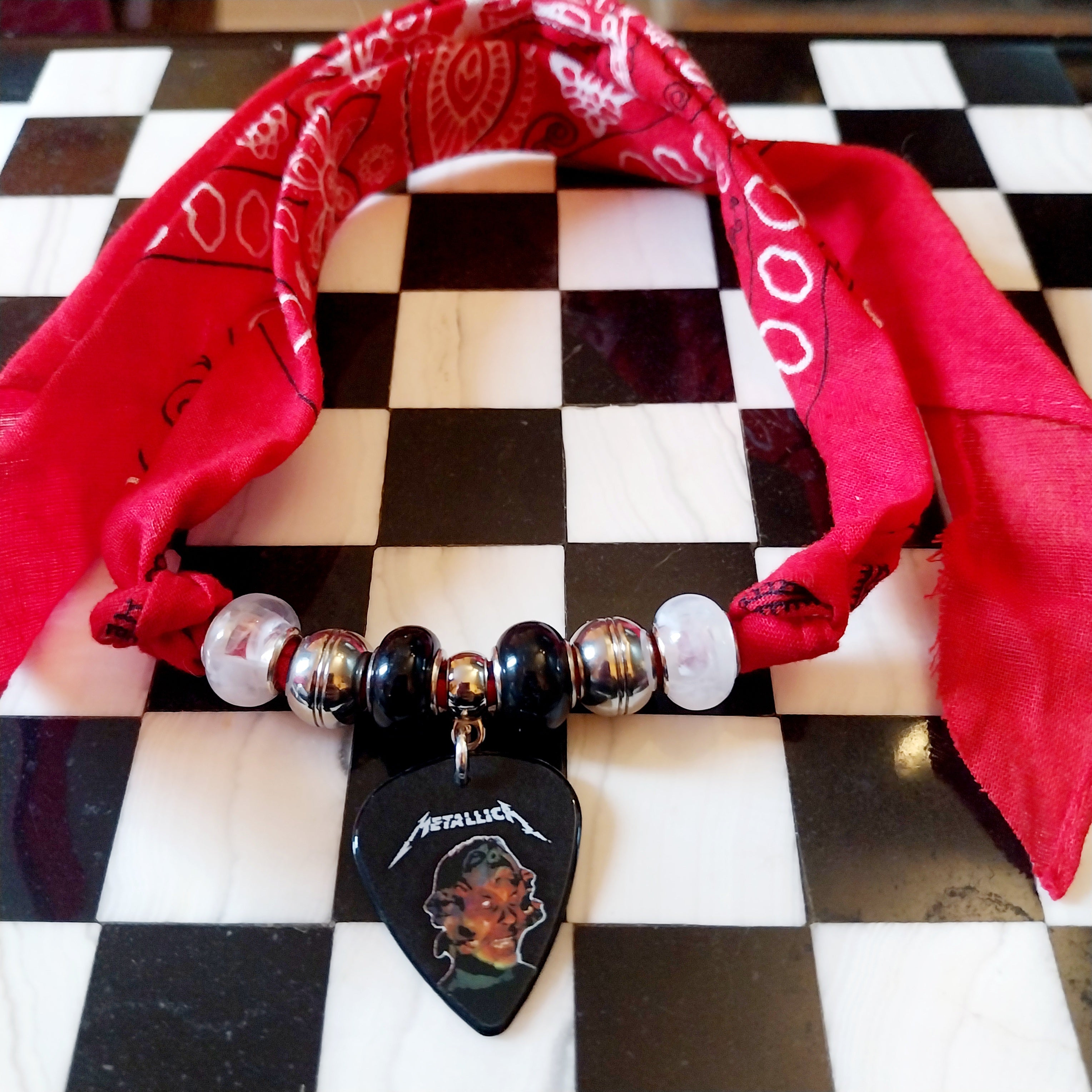 Handmade Metallica Plectrum Bandana  Choker Necklace Red